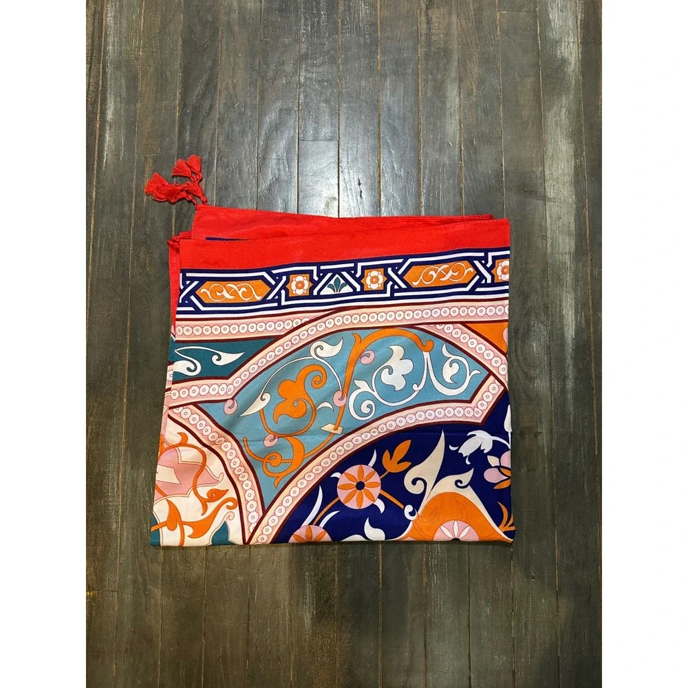 Mindful Souls Bohemian Tapestry Print Scarf Red Blue Tassel Accent